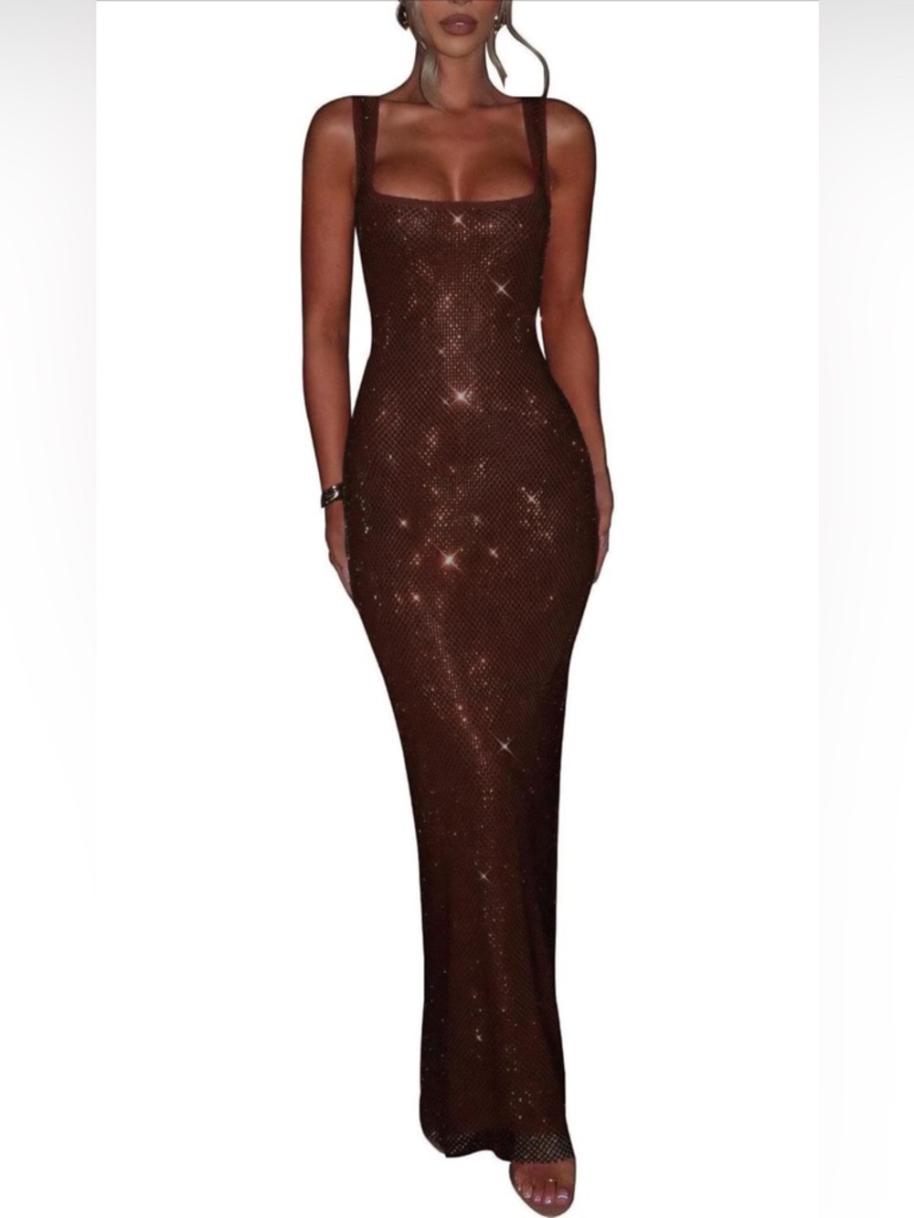 Brown sequin mesh beaded sleeveless scoopnecky Maxi Dress prom dress XL babyboo